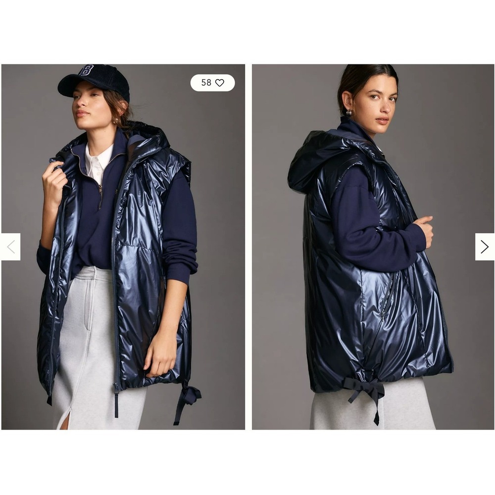 Pilcro Anthropologie Longline Shine Puffer Vest Navy‎ Blue Metallic XXS